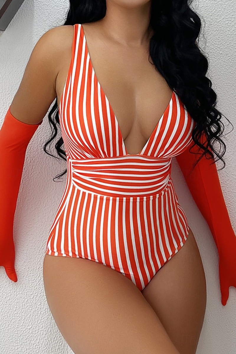 Femmes Maillots de Bain Une Pièce Maillot de bain Dos nu Tropical Tenues de plage Rayé Fil en V Sans manches Maillots de bain de 2025 ? $21.99 –P6