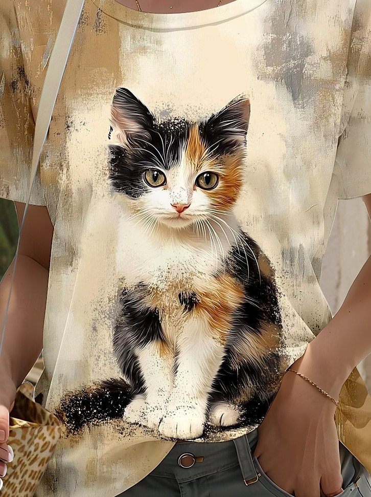 Damskie Podkoszulek Nadruk Graficzny Zwierzę Kot Elegancki Klasyczny Nowoczesny Krótki rękaw Półgolf Okrągły dekolt Zwykłe topy Codzienny Wyjściowe Weekend Jasnobrązowy Lato Wiosna 2026 - $7.99 –P3