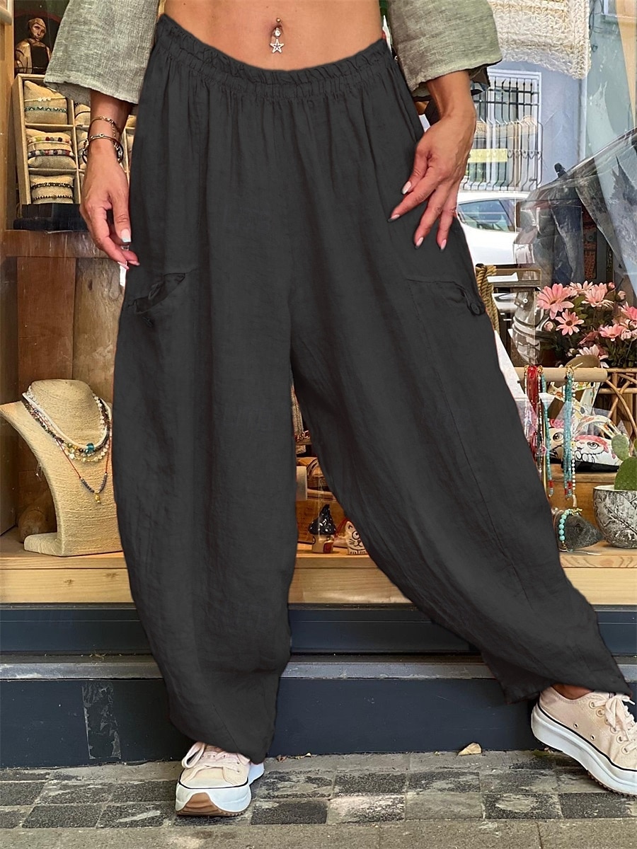 Calças Baggy Femininas de Pernas Largas de Cor Sólida Moda Bloomers Básico Comprimento Total Cintura Média Lisa com Bolso Cintura Elástica Conforto ao Ar Livre Microelástico Férias Rua Diário Dourado de 2025 por $25.99 –P10