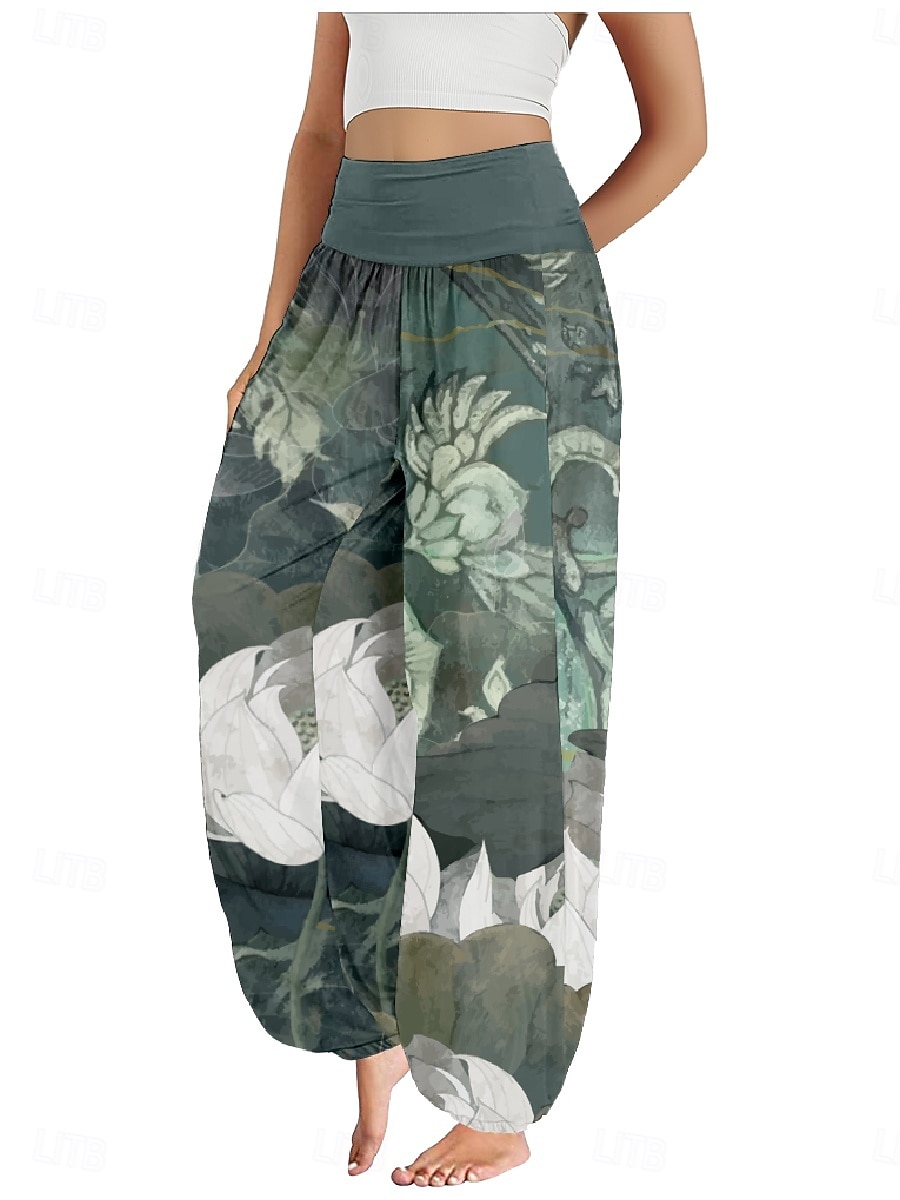 Mulheres Calças inspiradas em linho Perna larga Calças Estilo Étnico Casual Boho Comprimento total Cintura Alta Floral Bolsos Cintura elástica Estampado Respirabilidade Macio Micro-Elástica Ao ar de 2025 por $21.99 –P1