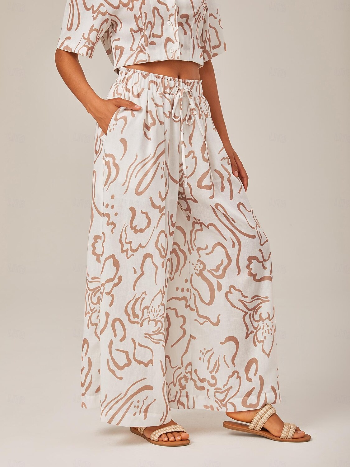 Artistic Print Elastic Tie Waist & Linen-Like Fabric Wide-Leg Pants 2025 - $69.99 –P7