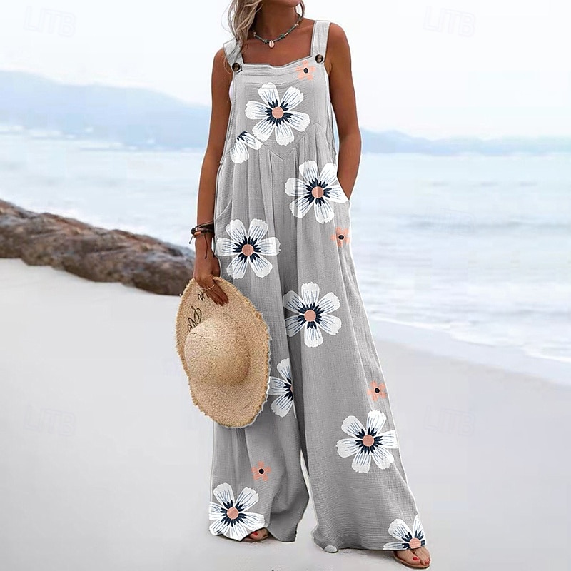 Women's Floral Print Dungarees Jumpsuit Streetwear Sleeveless U Neck Pocket Street Daily Regular Fit Pink Navy Blue Light Grey Summer 2025 - $26.99 –P5