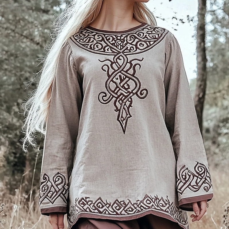 Damen Baumwoll-Leinen-Hemden Boho-Hemd Geometrisch Einfach Täglich Stilvoll Basic Langarm Rundhalsausschnitt Normale Oberteile Arbeit Täglich Ferien Druck Marineblau Purpur Khaki Beige Frühling Herbst 2025 - $29.99 –P3