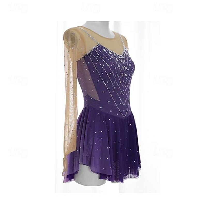 Figure Skating Dress Women's Girls' Ice Skating Dress Violet Patchwork Thumbhole Mesh Spandex Stretchy Training Practice Professional Skating Wear Thermal Warm Crystal / Rhinestone Long Sleeve Ice 2025 - $161.99 –P4