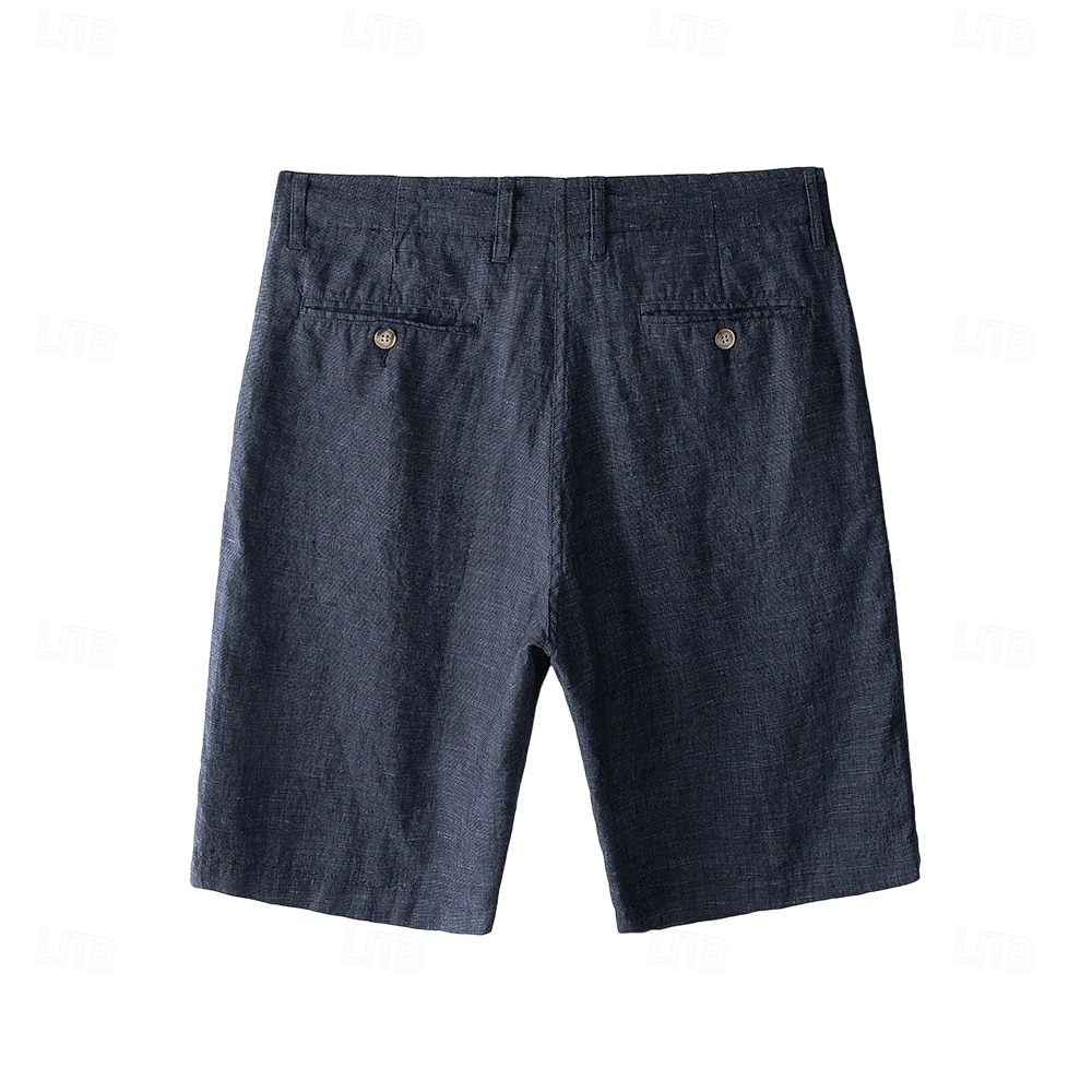Shorts masculino 100% linho liso na altura do joelho, para escritório, uso diário, férias, estilo étnico, azul escuro, inelástico de 2025 por $44.99 –P3