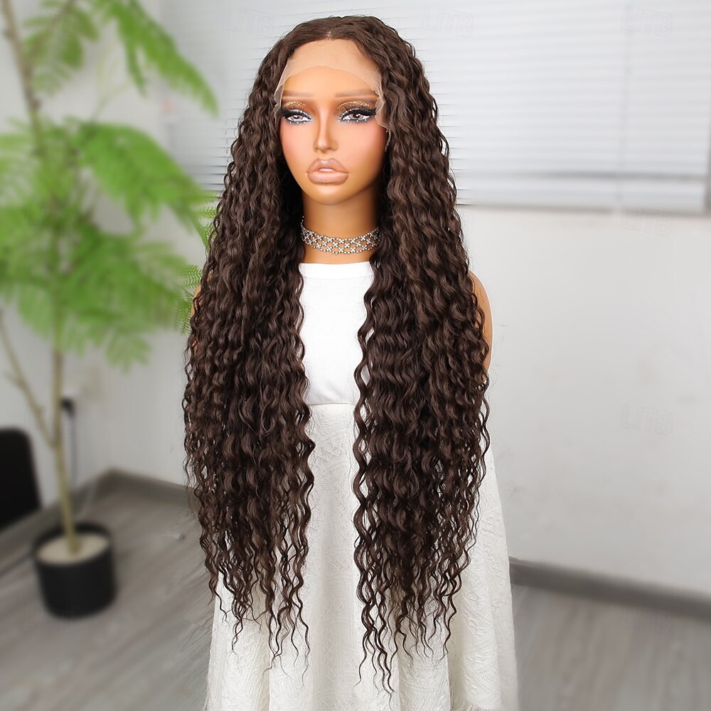 Peruca sintética Deep Curly Estilo 32 polegada Rosa Parte do meio 13x4x1 T Parte Frente de renda Peruca Mulheres Peruca Castanho Escuro de 2025 por $70.99 –P3