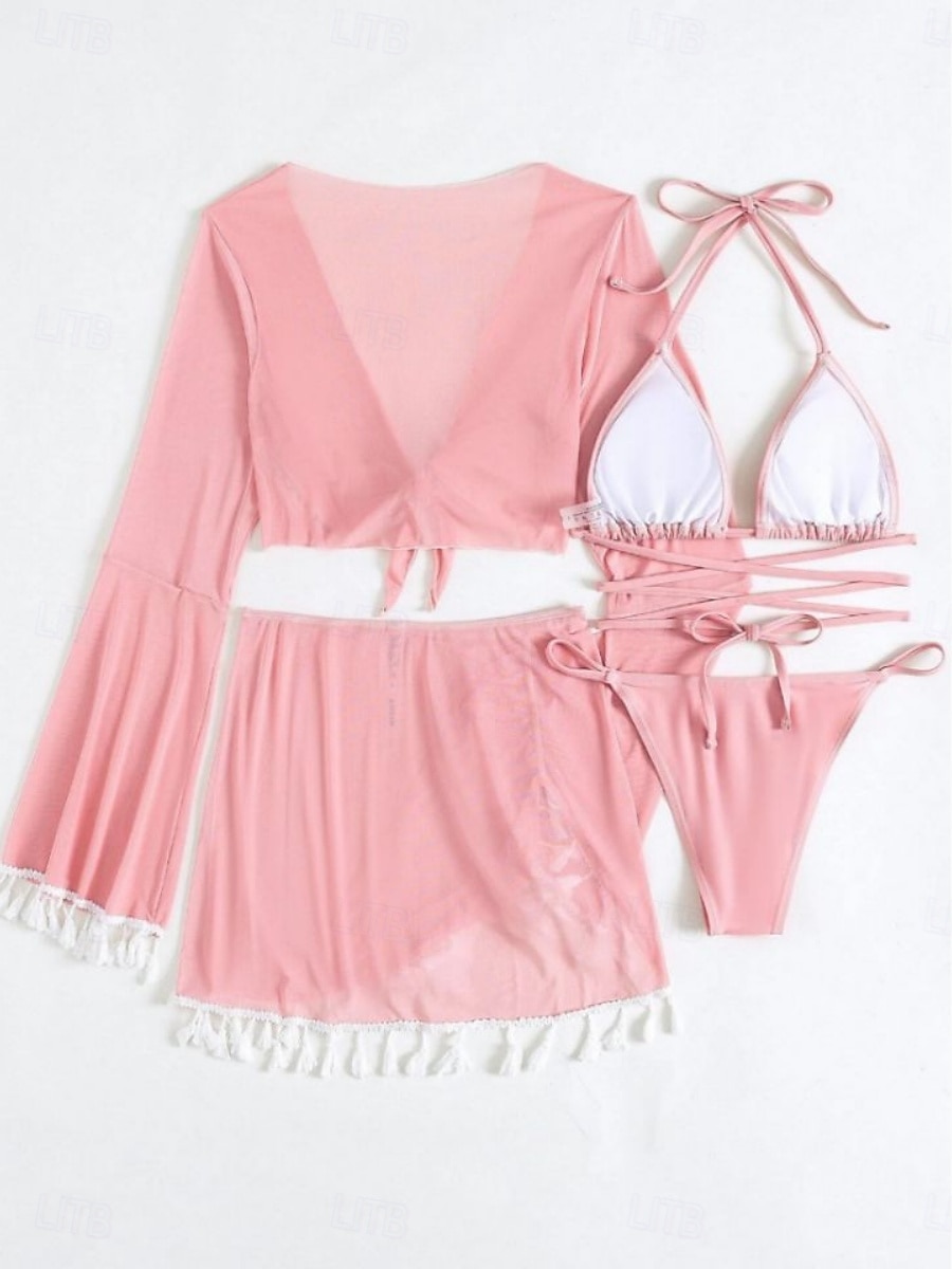 Kvinnors baddräkter bikini kjol baddräkt rygglös smal frans semester strandkläder enhetlig färg halterneck långärmad baddräkt 2025 - $18.99 –P9