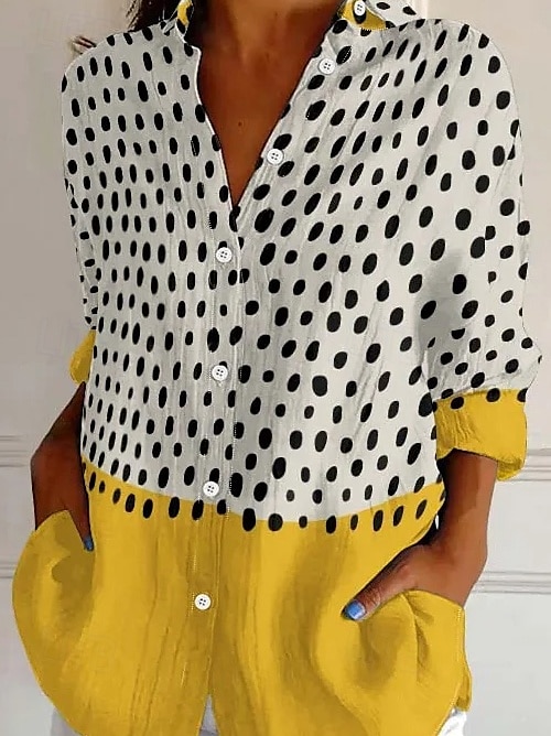 Camicia da donna a maniche lunghe bottone giù blusa grafica geometrica a pois quotidiana elegante a maniche corte colletto regolare top quotidiani verde salvia giallo blu viola estate primavera del 2025 a $32.99 –P3