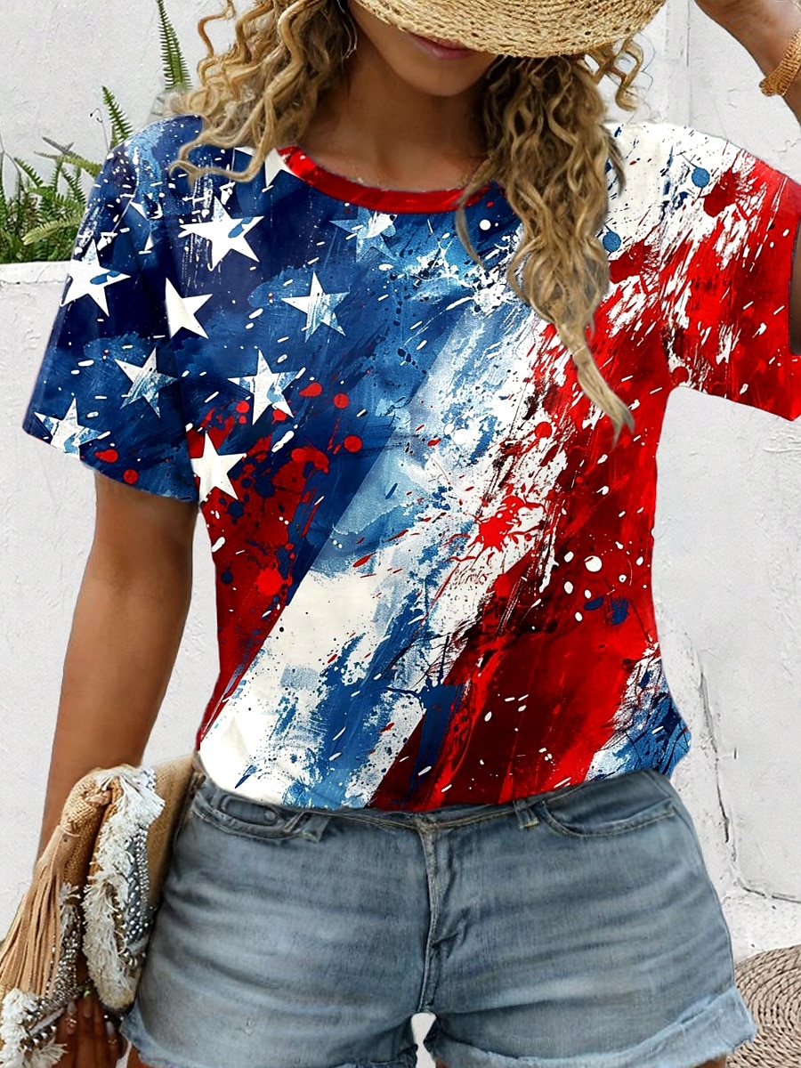 T-shirt patriote pour femmes jour d'indépendance drapeau graphique drapeau vintage tendance classique rouge blanc et bleu manches courtes encolure ronde tops réguliers quotidiens imprime rouge  bleu de 2026 ? $22.99 –P1