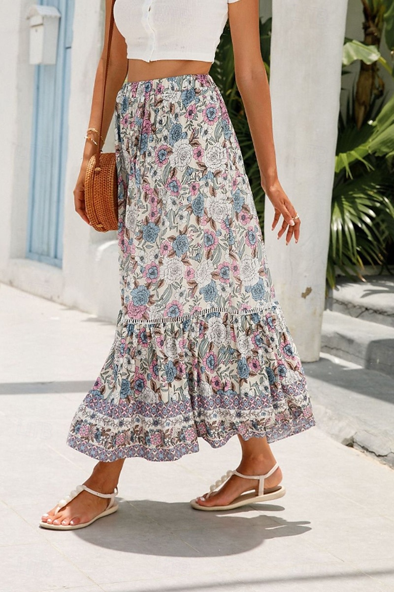Pentru femei Fustă Boemia Casual Boho Maxi Talie Medie Fuste Floral Imprimeu Micro-elastic Vacanță Stradă Migdală Roșu-aprins Albastru piscină Portocaliu Vară Celofibră 2025 - $21.99 –P2