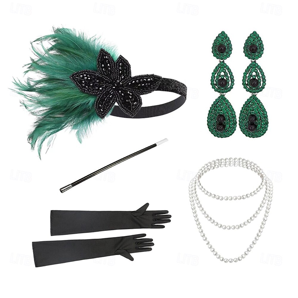 1920-as évek A nagy Gatsby Flapper fejpánt Gyöngyös karkötő Fülbevaló A nagy Gatsby Toll Retro Csillogó glitter Kristály / Strassz Női Farsang Valentin nap Álarcos mulatság Party estélyi viselet 2025 - $23.99 –P4
