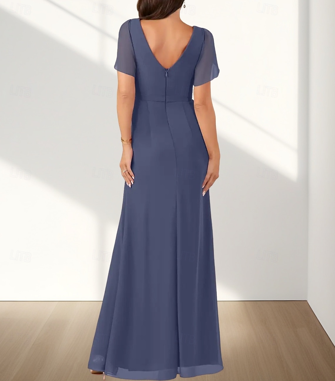 A-Line Wedding Guest Dresses Elegant Dress Wedding Guest Engagement Floor Length Short Sleeve V Neck Chiffon with Ruched Beading Slit 2025 - $169.99 –P2