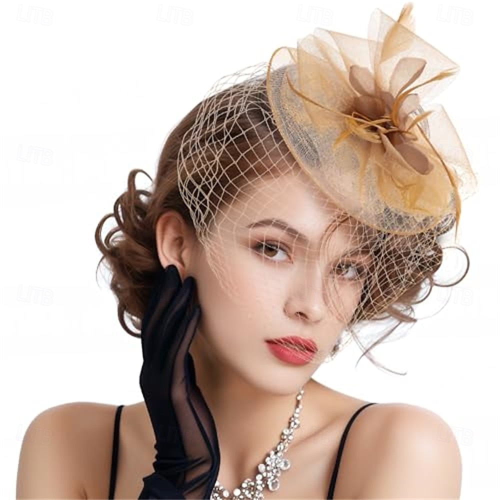 Cappelli fascinator per donna, nastri di maglia a fiori, piume su una fascia e una clip, copricapo da festa da tè per donna del 2025 a $35.99 –P6
