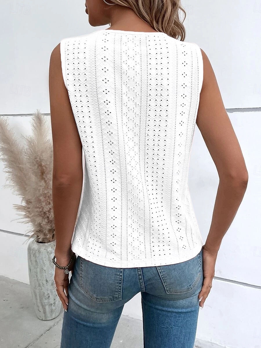 Chemisier blanc élégant en dentelle à œillets pour femme, sexy, sans manches, à fleurs, semi-transparent, encolure carrée, bordure festonnée, mode, coupe slim, rendez-vous, décontracté, fête, romantique, petite taille, vêtements d'été pour les vacances de 2025 ? $17.49 –P2