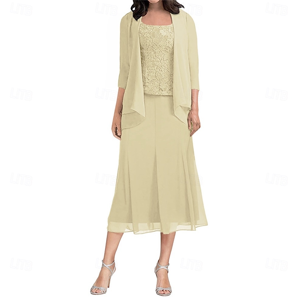 Ensembles de Robes Robe de Mère de Mariée  Élégant Simple Col carré Longueur thé Polyester Manche 3/4 avec Couleur Unie 2025 de 2025 ? $129.99 –P9