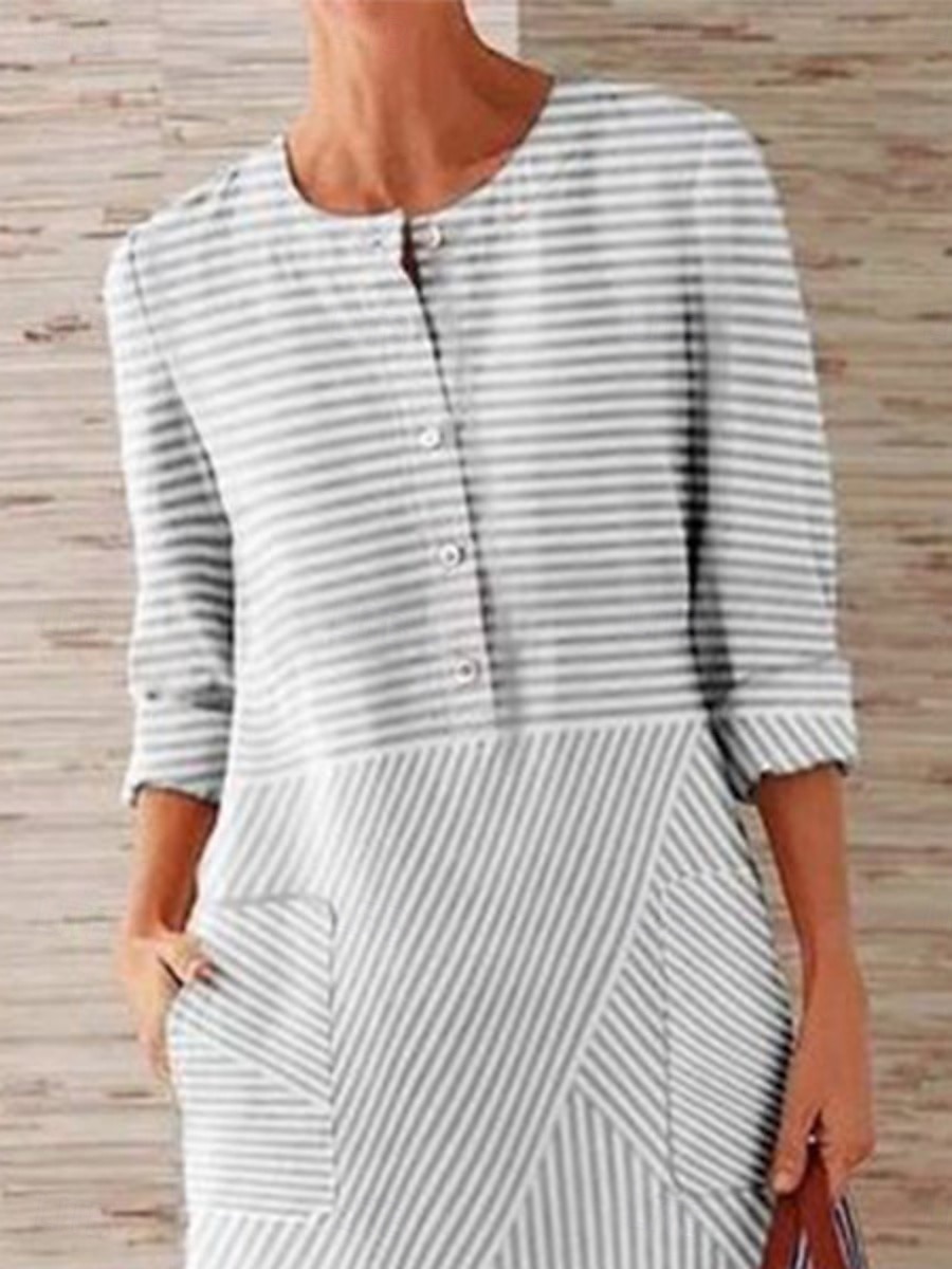 Women's Mini Dress Summer Dress Casual Daily Regular Fit Graphic Striped Long Sleeve Crew Neck Light Green Sky Blue Gray Summer 2025 - $26.99 –P2