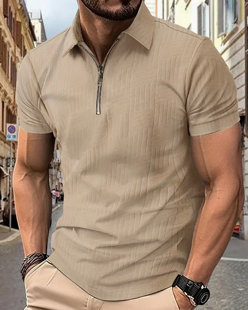 Men's Quarter Zip Polo Golf Shirt Daily Holiday Lapel Short Sleeve Fashion Basic Plain Jacquard Summer Regular Fit Black White Sky Blue Khaki Quarter Zip Polo 2025 - $20.99 –P12