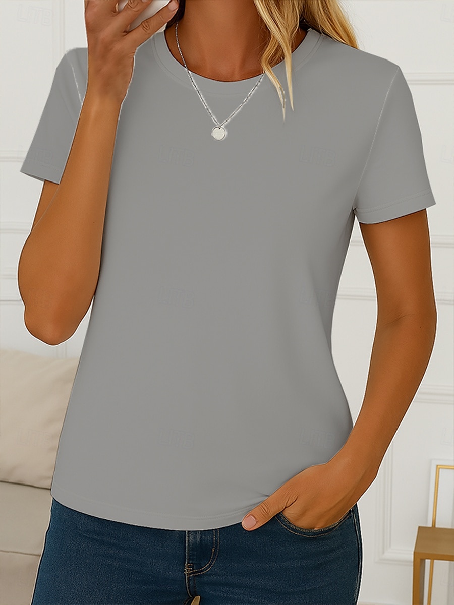 2025年 女性用 Tシャツ 純色 ヴィンテージ スタイリッシュ ベーシック 半袖 クルーネック ラウンドネック レギュラートップス 日常 プリント ホワイト ライトグリーン グレー ライトブルー 夏 春 コレクション – $19.99 –P4