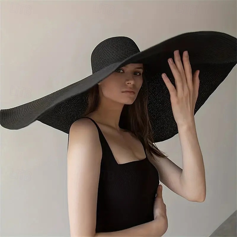 Ladies Extra Wide Brimmed Straw Sun Hat - Foldable UV Protected Black Textured Design Perfect for Beach Vacations Travel and Photography 2025 - $37.99 –P1