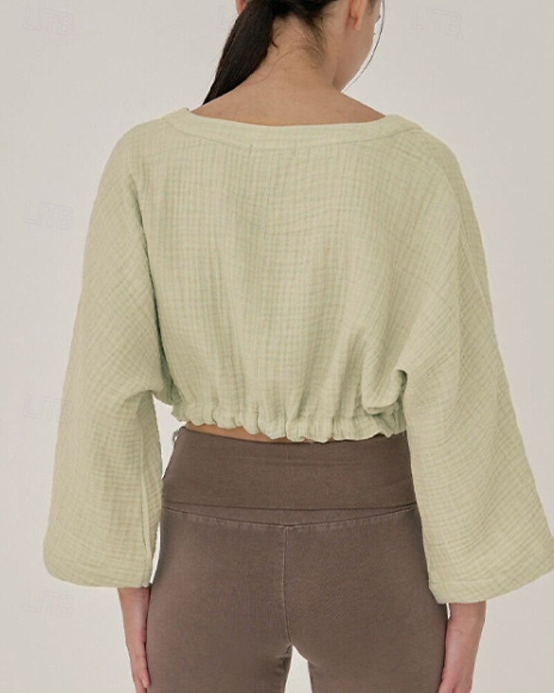 Dame Linskjorte Bluse عادي Fritid Langermet V-hals Crop Tops Daglig Ut på byen knyte foran Hvit Gul Brun Sommer 2025 - $36.99 –P9