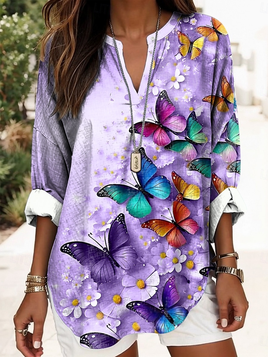 Damer Boho Bluse Blomster Grafisk Sommerfugl Elegant Daglig Damers Lang Erme V-Hals Vanlige Topper Daglig Trykk Blå Lilla Beige Sommer Vår 2025 - $24.99 –P2