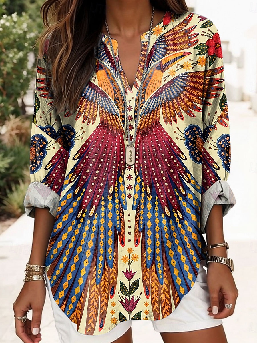 Femmes Chemisier Fleuri Graphique Oiseau ancien Tropical Hawaïen manche longue Col en V Hauts Réguliers Quotidien Fête Vêtements de vacances Imprimé Jaune Été Printemps de 2025 ? $24.99 –P1