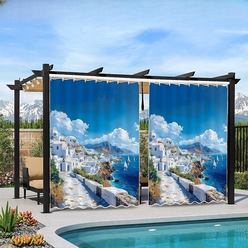 Vízálló Kültéri Függöny Magánélet Tolóteraszos Függöny Pergola Függönyök Fülekkel 3D Táj Szentorini A Kerti Pavilonhoz Erkélyhez Porchhoz Partira 1 Panel 2025 - $34.99 –P1