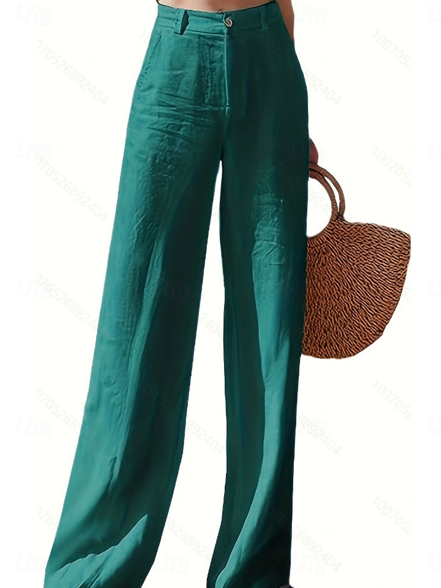 Women's Wide Leg Baggy Pants Solid Color Fashion Basic Full Length High Waist Plain Pocket Comfort Outdoor Micro-elastic Vacation Street Daily Deep Green Black White Summer Spring Regular Fit 2025 - $26.99 –P7