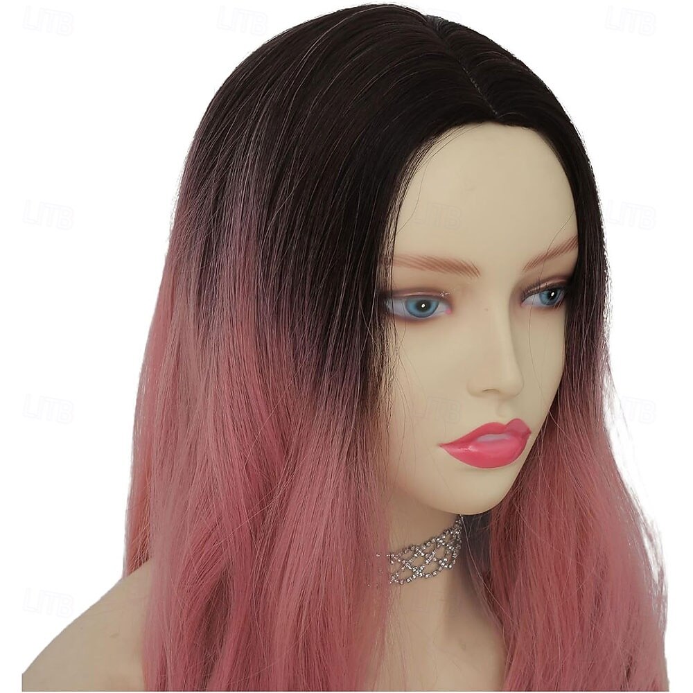 Parrucca riccia rosa per donna, parrucca lunga ondulata con riga centrale, parrucca sintetica resistente al calore in fibra per cosplay di Halloween del 2025 a $28.99 –P4