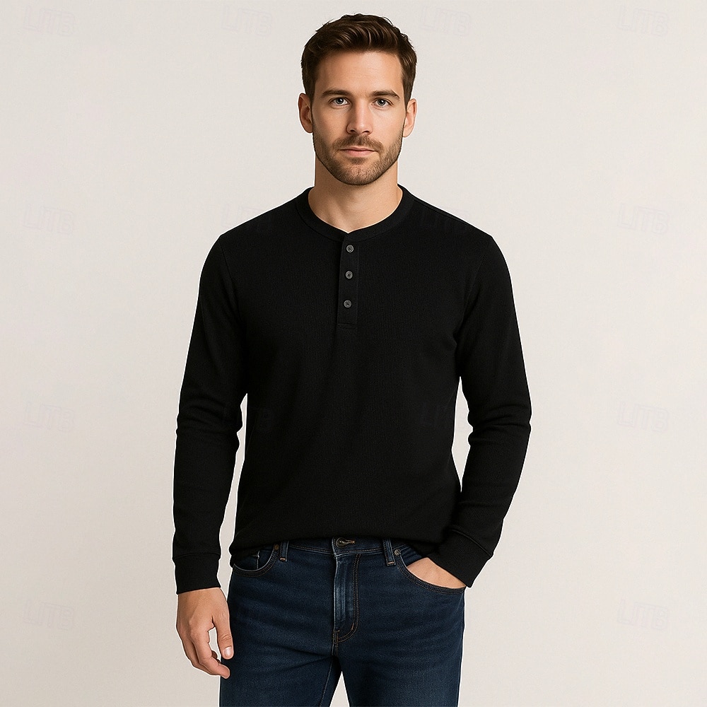 Homens Camiseta Manga Longa Cor Única Neutra Diário Casual Abotoar Henley Escola Casa Trabalho Todas as Estações Verde Escuro Cinzento Escuro Preto Camiseta Henley de 2025 por $27.99 –P18