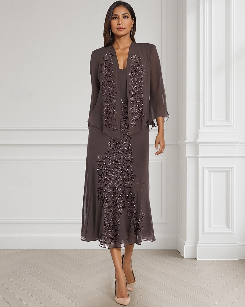 Due Pezzi Linea ad A Abito da cerimonia per signora Formale Ospite di nozze Elegante Collo quadrato Lunghezza al pavimento Chiffon Manica Lunga Con Stola con Pizzo A balze Ricamo 2025 del 2025 a $154.99 –P3