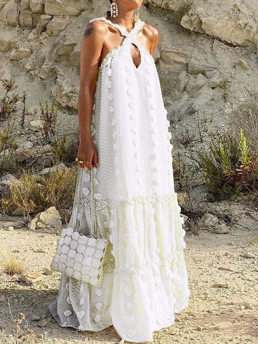 Dame Lang kjole Maxikjole Hvit kjole Solkjole Halter Neck kjole Elegant Mote Romantikk Ferie Ut på byen Strand Løstsittende Blomsternål i krystall Ren farge Ermeløs Dyp V Hvit Blå Sommer 2025 - $32.99 –P2