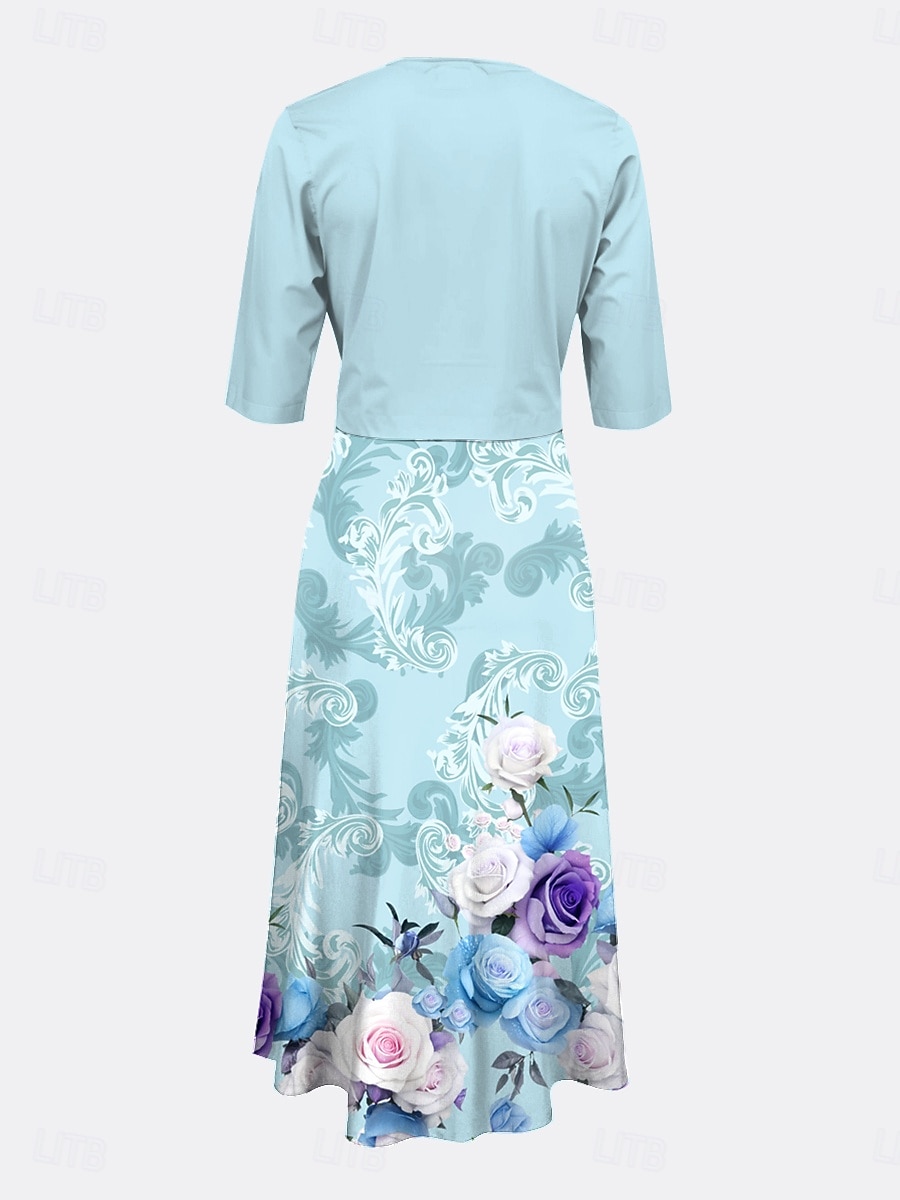 Damen Kleid Set Midi Kleid A-Linien Kleid Sommer Kleid Party Semi Formal Florale Grafik Druck Halbärmel V-Ausschnitt Hochzeitsgast täglich Blau Sommer Frühling Reguläre Passform 2025 - $36.99 –P2