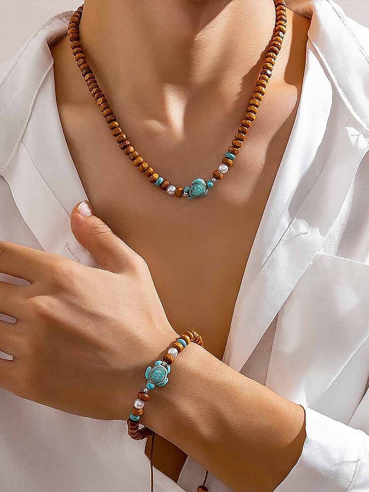 Men's Natural Wood Bead Turtle Necklace and Bracelet Set – Boho Beach Style Adjustable Jewelry for Summer Vacations and Casual Wear 2025 - $11.99 –P2