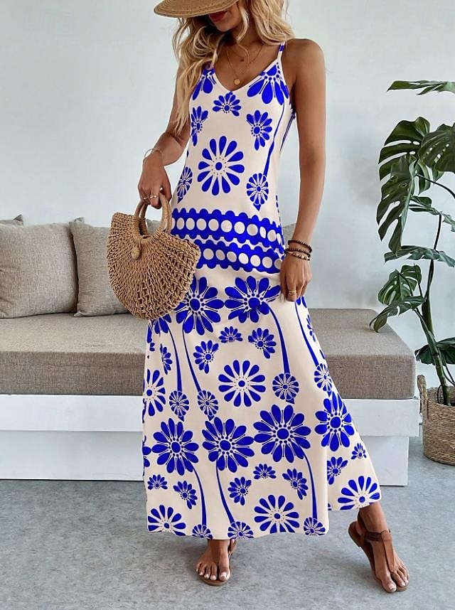 Női Maxiruha A vonalú ruha Slip ruha Szabadság Alkalmi Boho Parti Alkalmi Standard Virágos Grafika Ujjatlan V-alakú Narancssárga piros Fekete Medence Lóhere Nyár Tavasz 2025 - $31.99 –P12