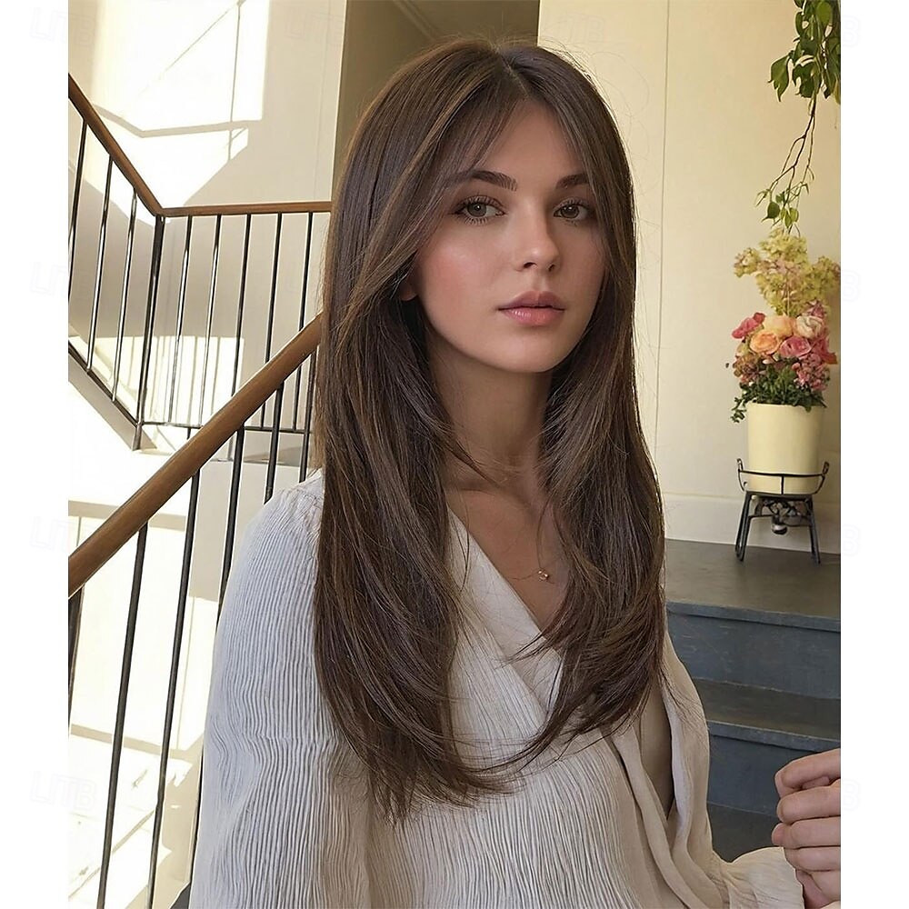naturlige lange parykker for kvinner med frynser syntetisk varmebestandig hår ombre brun parykk for daglig fest cosplay bruk 2025 - $28.99 –P4