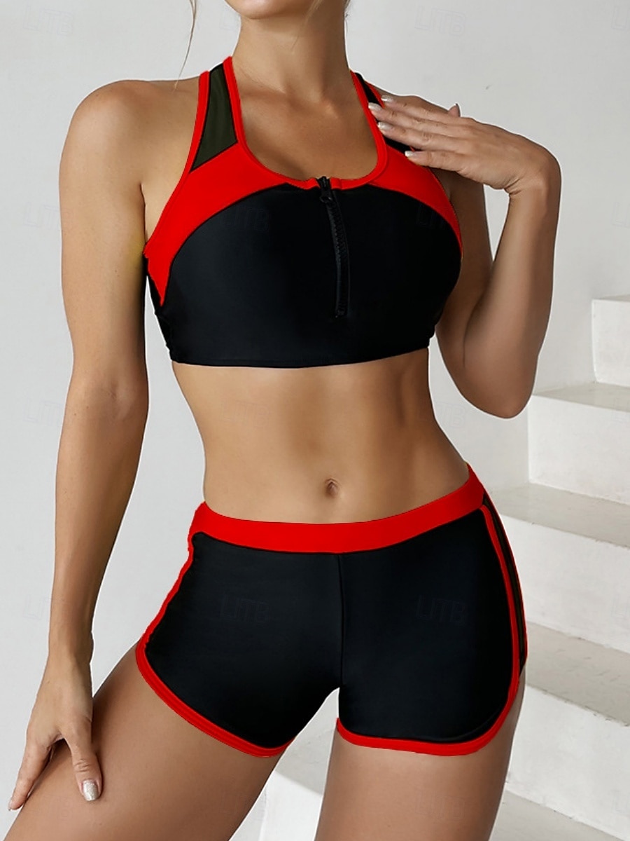 Kvinnors badkläder tankini 2 delar shorts baddräkt rygglös mage kontroll hög midja smal semester strandkläder färgblock U-hals ärmlös baddräkt 2025 - $23.99 –P3