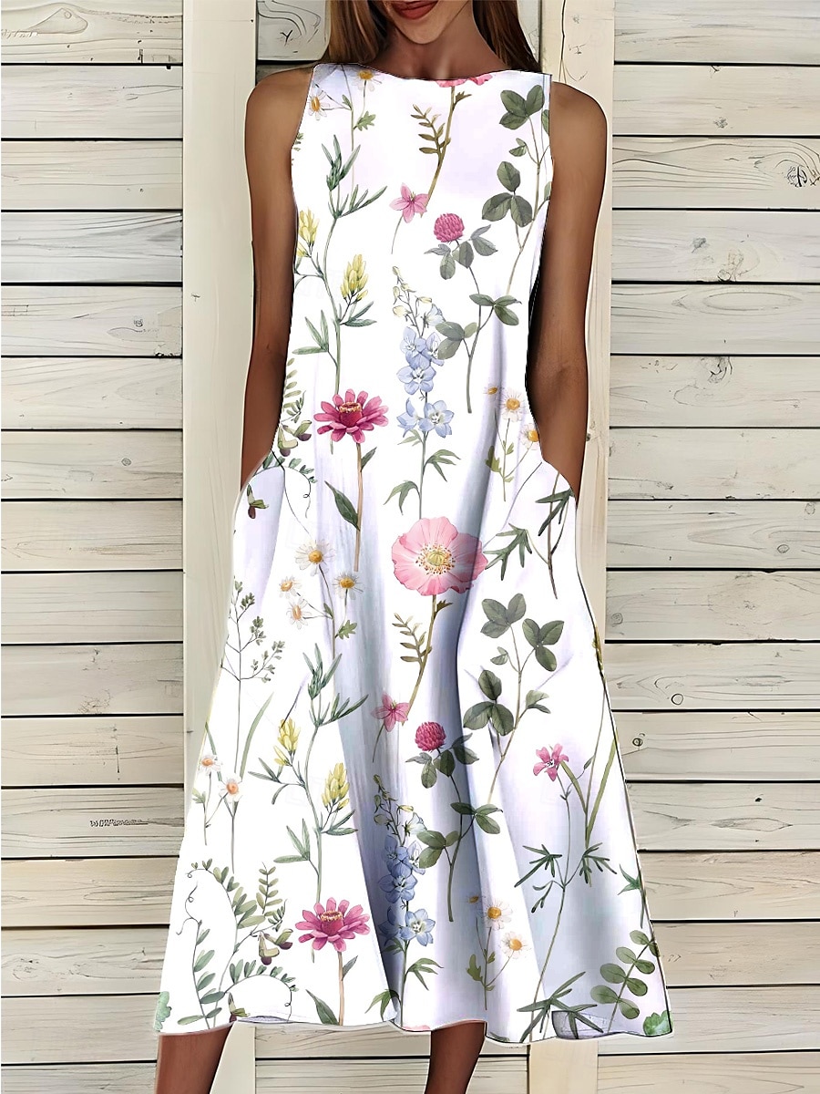 Damen Midikleid Sommerkleid A Linie Kleid Elegant Urlaub Lässig Normale Passform Blumen Grafik Ärmellos Rundhalsausschnitt Hellrosa Weiß Rosa Blau Sommer 2025 - $38.99 –P4
