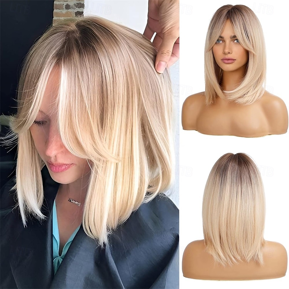blonde pruiken voor vrouwen schouderlang gelaagd haar met donkere wortels synthetische korte pruik met pony voor dagelijks gebruik of cosplay 2025 - $25.99 –P1