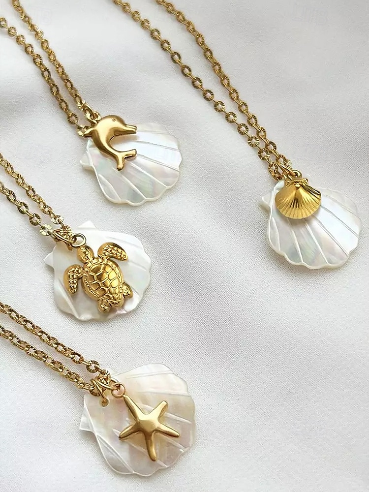 Women's Mother-of-Pearl Seashell Pendant Necklaces – Beach-Inspired Gold Chain Jewelry with Nautical Charms (Starfish, Turtle, Dolphin, Shell) for Summer Travel, Vacations & Gifts 2025 - $11.99 –P6