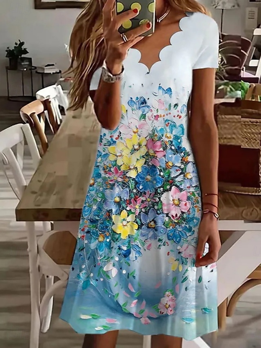 Naisten Mini mekko A linjainen mekko Kesämekko Vapaa-aika Päivittäin Normaali Kukka Kuvitettu Lyhythihainen V kaula-aukko Musta Valkoinen Punastuvan vaaleanpunainen Sininen Kesä 2025 - $21.99 –P6