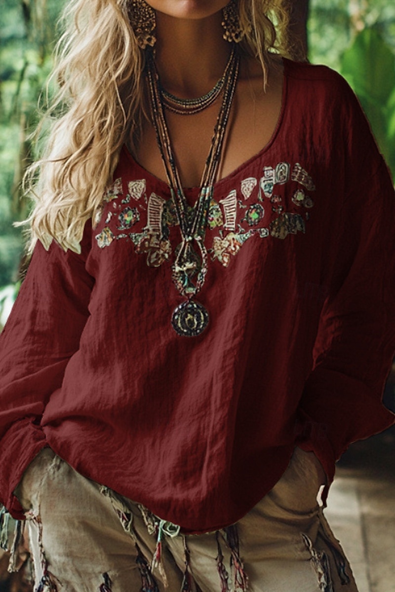 Femmes Chemisier occidental Chemise Bohème Chemisier Fleur Moderne Occasionnel Boho manche longue Col en V Hauts Réguliers Fête Sortir Imprimé Noir Vin Bleu Abricot Été de 2025 ? $21.99 –P4