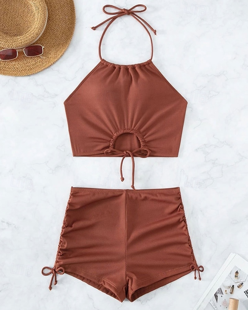 Dames Zwemkleding Bikini 2 stuks Zwempak Blote rug Strand Kleding Zomer Effen Kleur Halternek Mouwloos Badpakken 2025 - $24.99 –P2