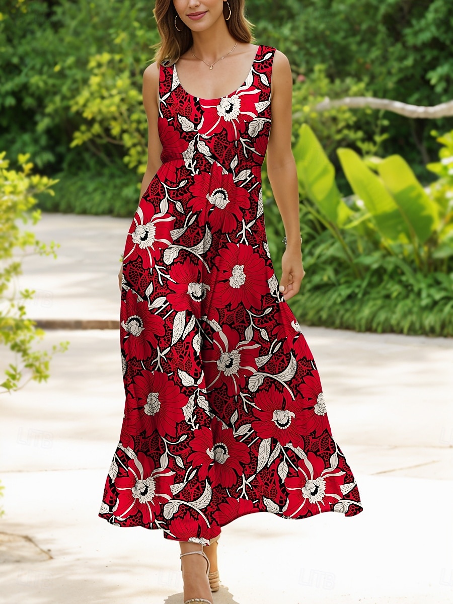 Damen Midikleid Sommerkleid A Linie Kleid Schulterfreies Kleid Urlaub Lässig Formpassend Blumen Grafik Ärmellos U-Ausschnitt Rundausschnitt Gelb Rote Blau Purpur Sommer 2025 - $35.99 –P1