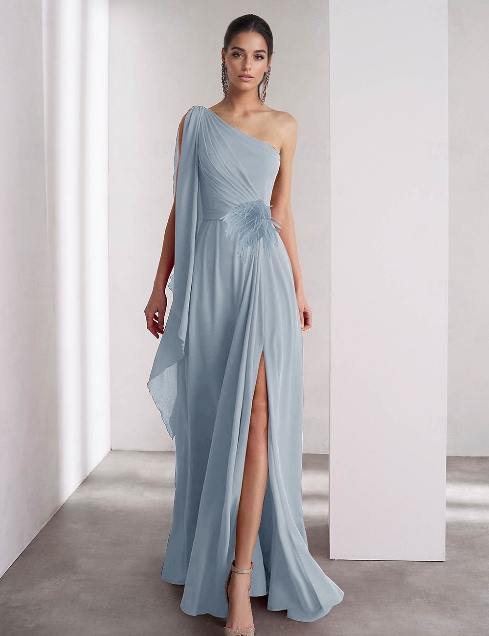 Jedno Ramo Modré Růžové A-Linie Chiffon Peří Večerní Šaty Elegantní Šaty Formální Dlouhé Bez Rukávů S Faldovým Šálem 2025 - $147.99 –P4