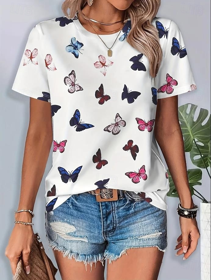 Dame T skjorte Blomstret Grafisk Planter Årgang Stilfull Klassisk Kortermet Crew-hals Rund hals Vanlige topper Daglig Helg Ferieklær Trykt mønster Hvit Blå Lilla Grønn Sommer 2025 - $19.99 –P2