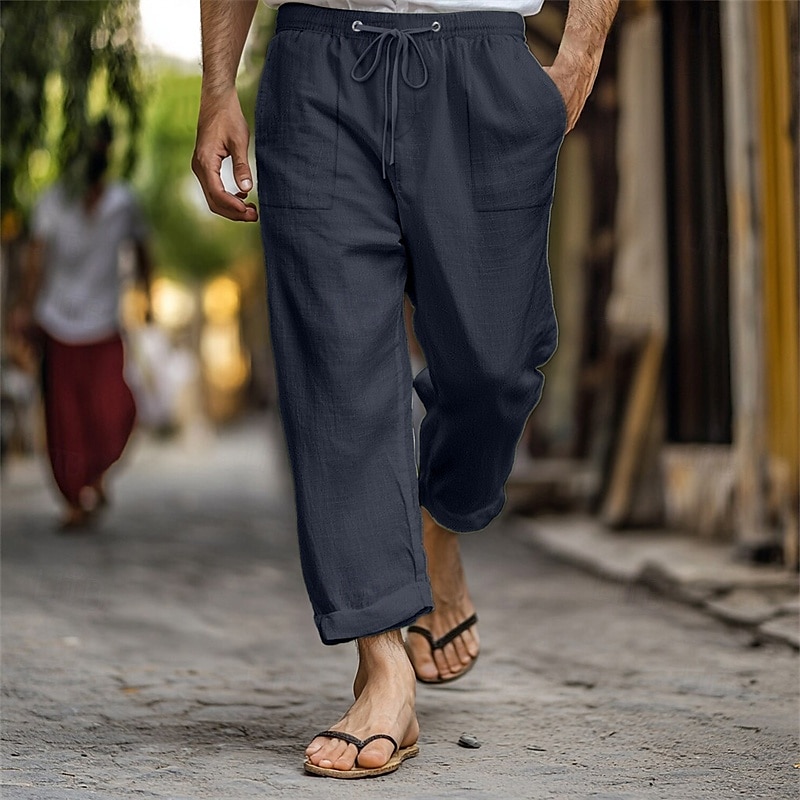 Men's Linen Pants Trousers Summer Pants Beach Pants Pocket Drawstring Elastic Waist Plain Comfort Breathable Vacation Daily Holiday Hawaiian Boho Dark Brown Lake blue 2025 - $18.99 –P6