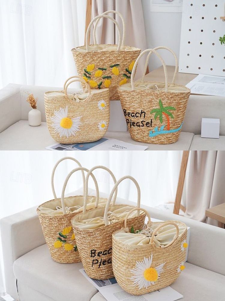 Sac fourre-tout en paille brodé marguerite pour femme - sac fourre-tout de plage d'été avec motif floral, cocotier, citron, style bohème décontracté, adapté aux vacances et à un usage quotidien de 2025 ? $24.99 –P4