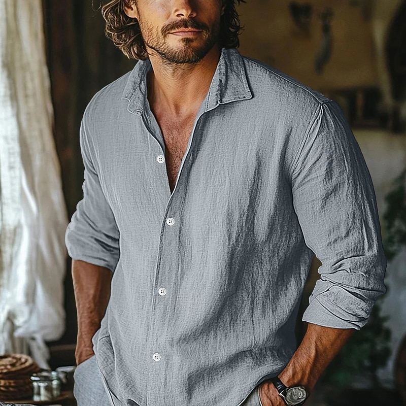 Homens Camisa Social Camisa de linho camisa de verão Roupa de Praia Camisa casual camisa de botão Tecido Casa Férias Azul Céu cáqui Cinzento Manga Longa Lapela Primavera Verão Roupa de 2026 por $26.99 –P5