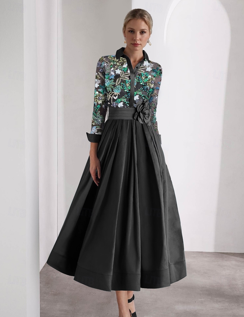 Grün bestickte A-Linie Cocktailkleider Elegant Formal Hochzeit Bodenlänglich Langarm Hemdkragen Satin mit Glitzer 2025 - $164.99 –P3